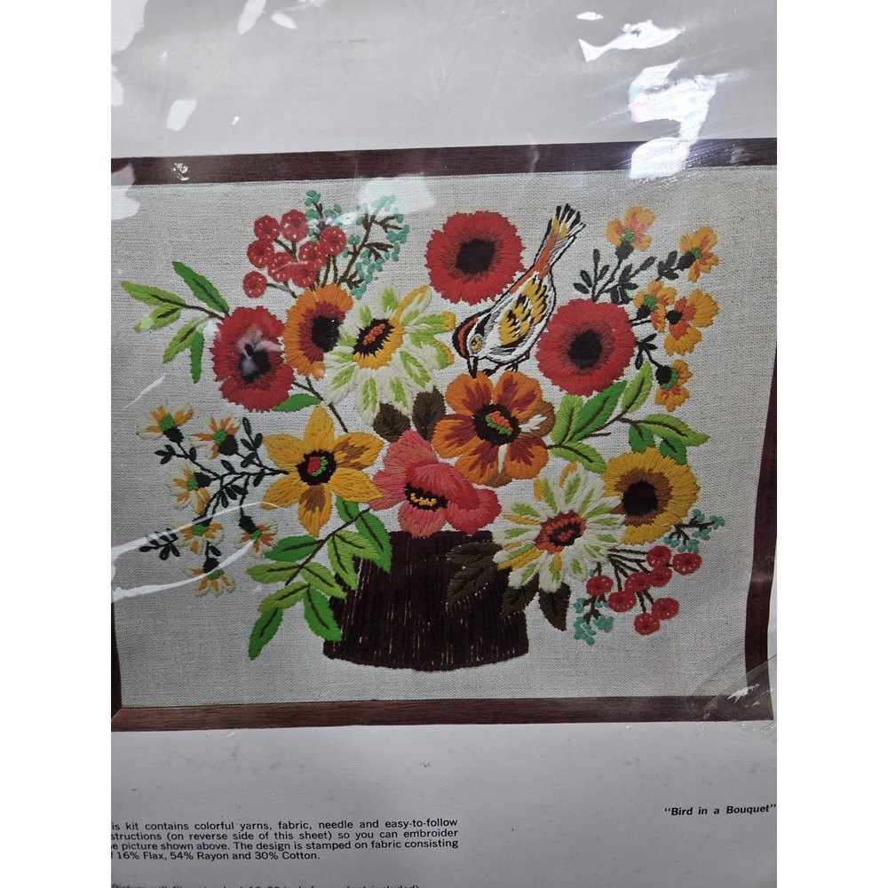 Vintage WonderArt Bird In A Bouquet 16x20 Stitchery Kit New Gorgeous